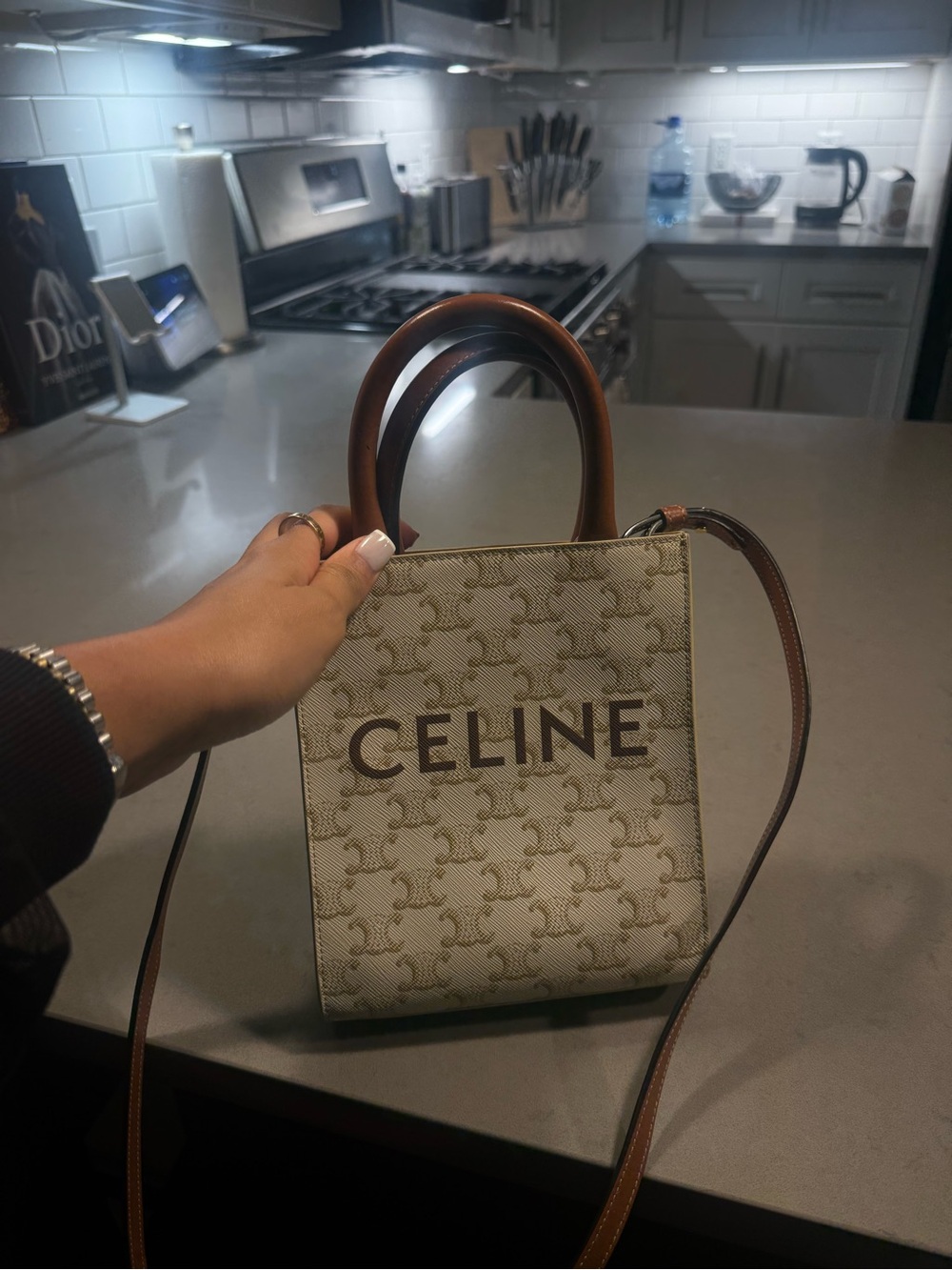 Celine Beige Canvas Mini Bag with Brown Leather Trim
